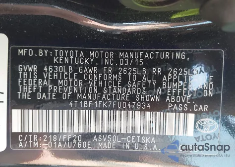 2015 Toyota Camry Se из США, поврежденный, VIN 4T1BF1FK7FU047934